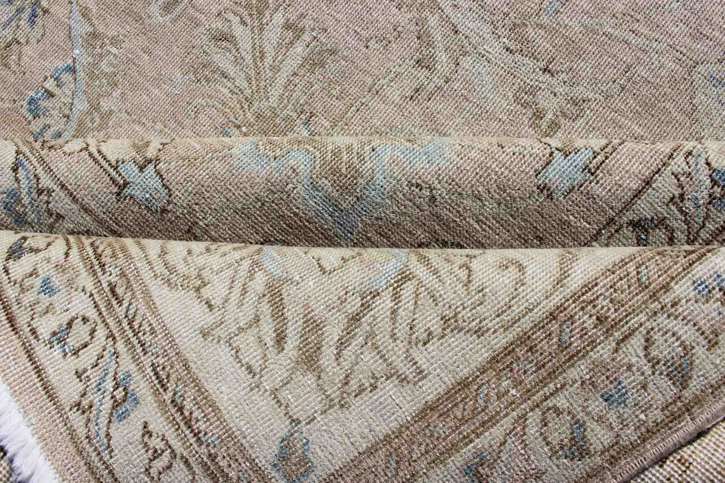 Persian Tabriz Long Rug with Floral Design in Ivory, Blue, Blush, Brown.Vintage/Semi Antique Persian Tabriz rug with all - over floral design in ivory, blush, brown, light blue. Keivan Woven Arts / rug RM - K27550, country of origin / type: Iran / Tabriz, ... - Keivan Woven ArtsRM - K27550 - 1156Rug