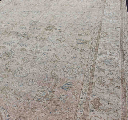 Persian Tabriz Long Rug with Floral Design in Ivory, Blue, Blush, Brown.Vintage/Semi Antique Persian Tabriz rug with all - over floral design in ivory, blush, brown, light blue. Keivan Woven Arts / rug RM - K27550, country of origin / type: Iran / Tabriz, ... - Keivan Woven ArtsRM - K27550 - 1156Rug