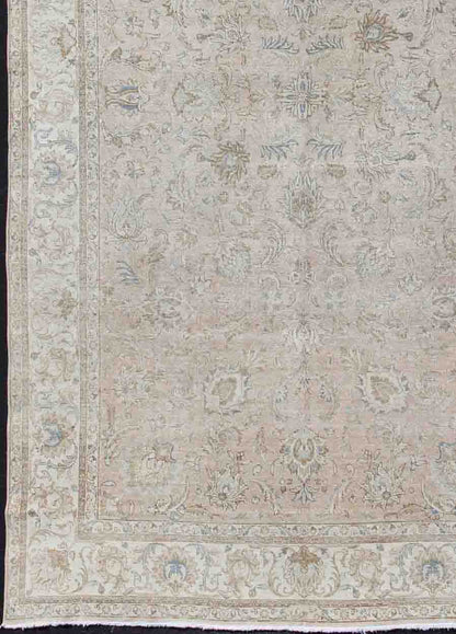 Persian Tabriz Long Rug with Floral Design in Ivory, Blue, Blush, Brown.Vintage/Semi Antique Persian Tabriz rug with all - over floral design in ivory, blush, brown, light blue. Keivan Woven Arts / rug RM - K27550, country of origin / type: Iran / Tabriz, ... - Keivan Woven ArtsRM - K27550 - 1156Rug