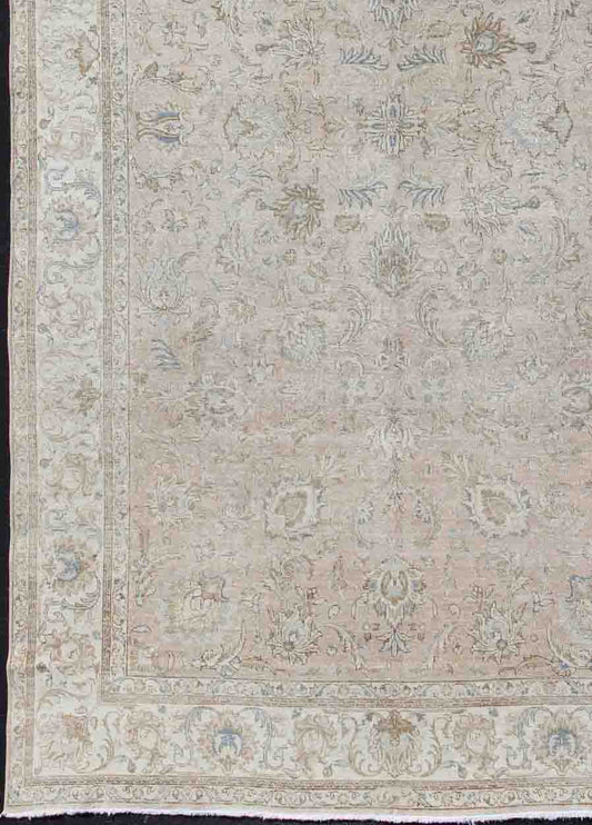 Persian Tabriz Long Rug with Floral Design in Ivory, Blue, Blush, Brown.Vintage/Semi Antique Persian Tabriz rug with all - over floral design in ivory, blush, brown, light blue. Keivan Woven Arts / rug RM - K27550, country of origin / type: Iran / Tabriz, ... - Keivan Woven ArtsRM - K27550 - 1156Rug