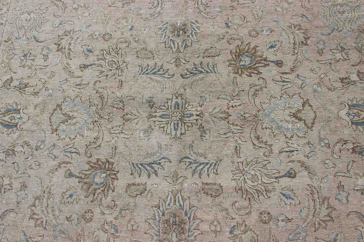 Persian Tabriz Long Rug with Floral Design in Ivory, Blue, Blush, Brown.Vintage/Semi Antique Persian Tabriz rug with all - over floral design in ivory, blush, brown, light blue. Keivan Woven Arts / rug RM - K27550, country of origin / type: Iran / Tabriz, ... - Keivan Woven ArtsRM - K27550 - 1156Rug
