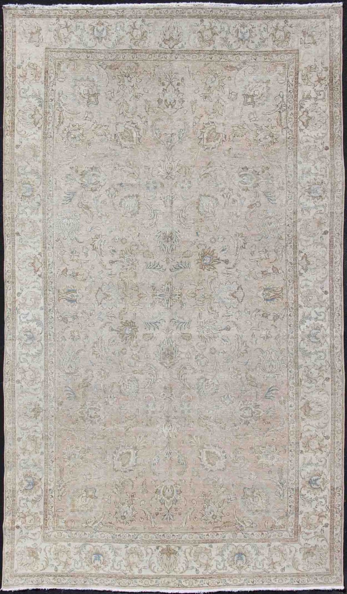 Persian Tabriz Long Rug with Floral Design in Ivory, Blue, Blush, Brown.Vintage/Semi Antique Persian Tabriz rug with all - over floral design in ivory, blush, brown, light blue. Keivan Woven Arts / rug RM - K27550, country of origin / type: Iran / Tabriz, ... - Keivan Woven ArtsRM - K27550 - 1156Rug