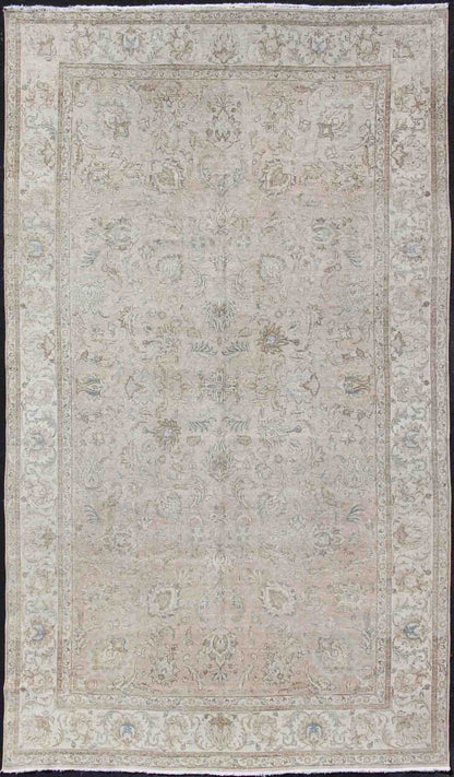 Persian Tabriz Long Rug with Floral Design in Ivory, Blue, Blush, Brown.Vintage/Semi Antique Persian Tabriz rug with all - over floral design in ivory, blush, brown, light blue. Keivan Woven Arts / rug RM - K27550, country of origin / type: Iran / Tabriz, ... - Keivan Woven ArtsRM - K27550 - 1156Rug