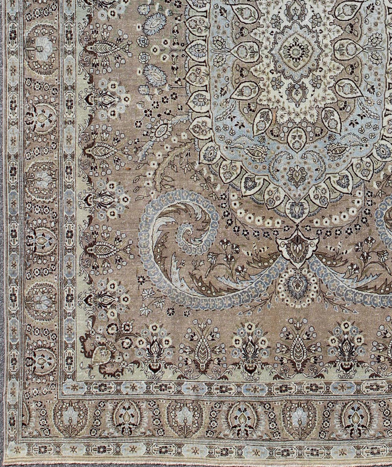 Vintage Persian Bakhtiari rug with stretched medallion in taupe, gray, brown. Keivan Woven Arts / rug / RM - K4570, country of origin / type: Iran / Bakhtiari, circa 1960 Measures: 11' x 14'6. This vintage Persian Bakhtiari rug from mid - 20th centur... - Keivan Woven ArtsRM - K4570 - 2179Rug