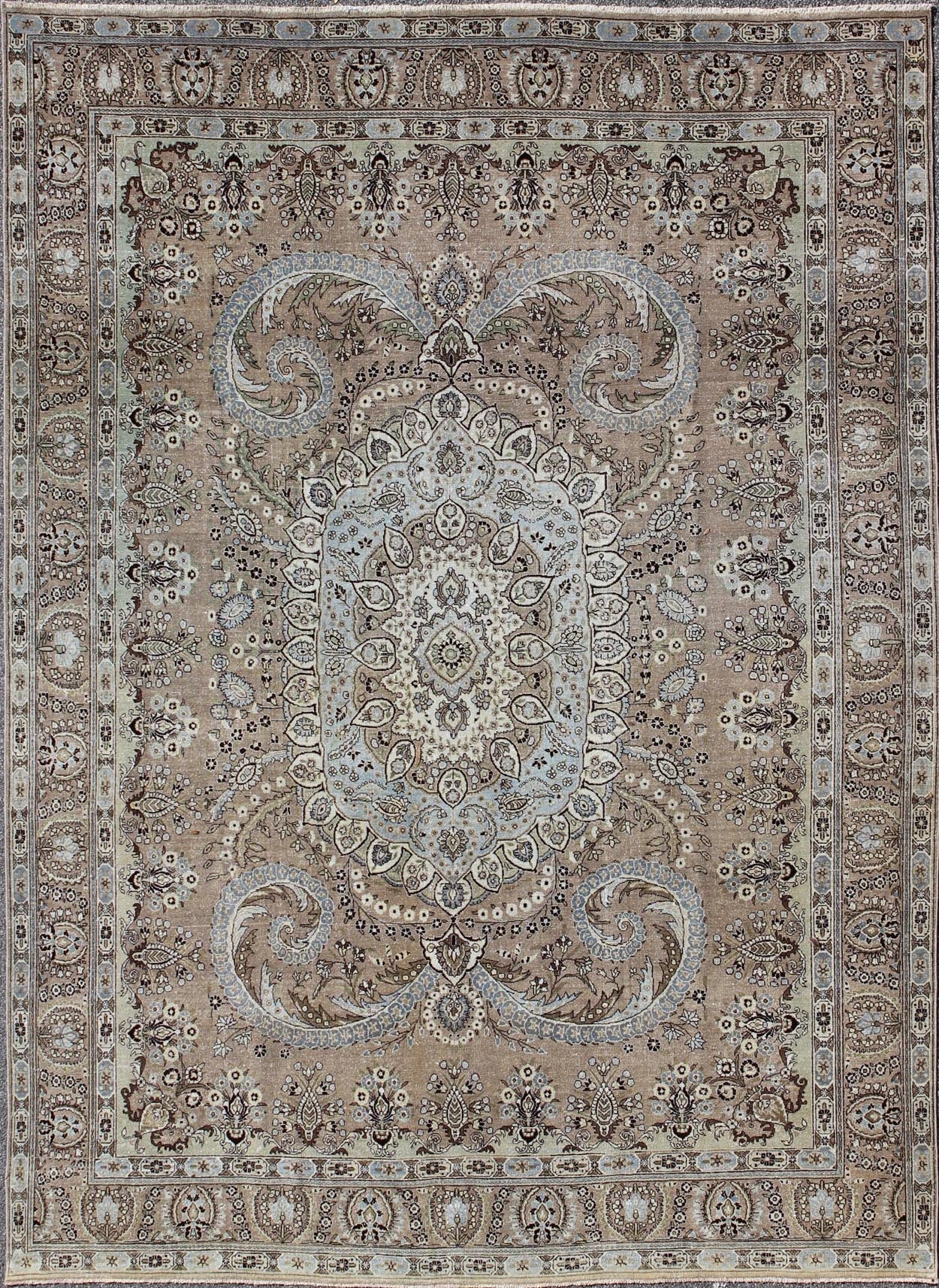 Vintage Persian Bakhtiari rug with stretched medallion in taupe, gray, brown. Keivan Woven Arts / rug / RM - K4570, country of origin / type: Iran / Bakhtiari, circa 1960 Measures: 11' x 14'6. This vintage Persian Bakhtiari rug from mid - 20th centur... - Keivan Woven ArtsRM - K4570 - 2179Rug