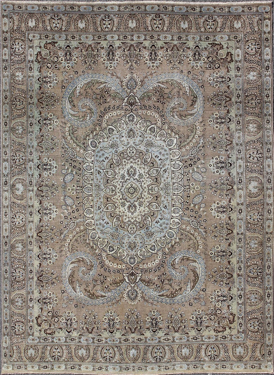 Vintage Persian Bakhtiari rug with stretched medallion in taupe, gray, brown. Keivan Woven Arts / rug / RM - K4570, country of origin / type: Iran / Bakhtiari, circa 1960 Measures: 11' x 14'6. This vintage Persian Bakhtiari rug from mid - 20th centur... - Keivan Woven ArtsRM - K4570 - 2179Rug