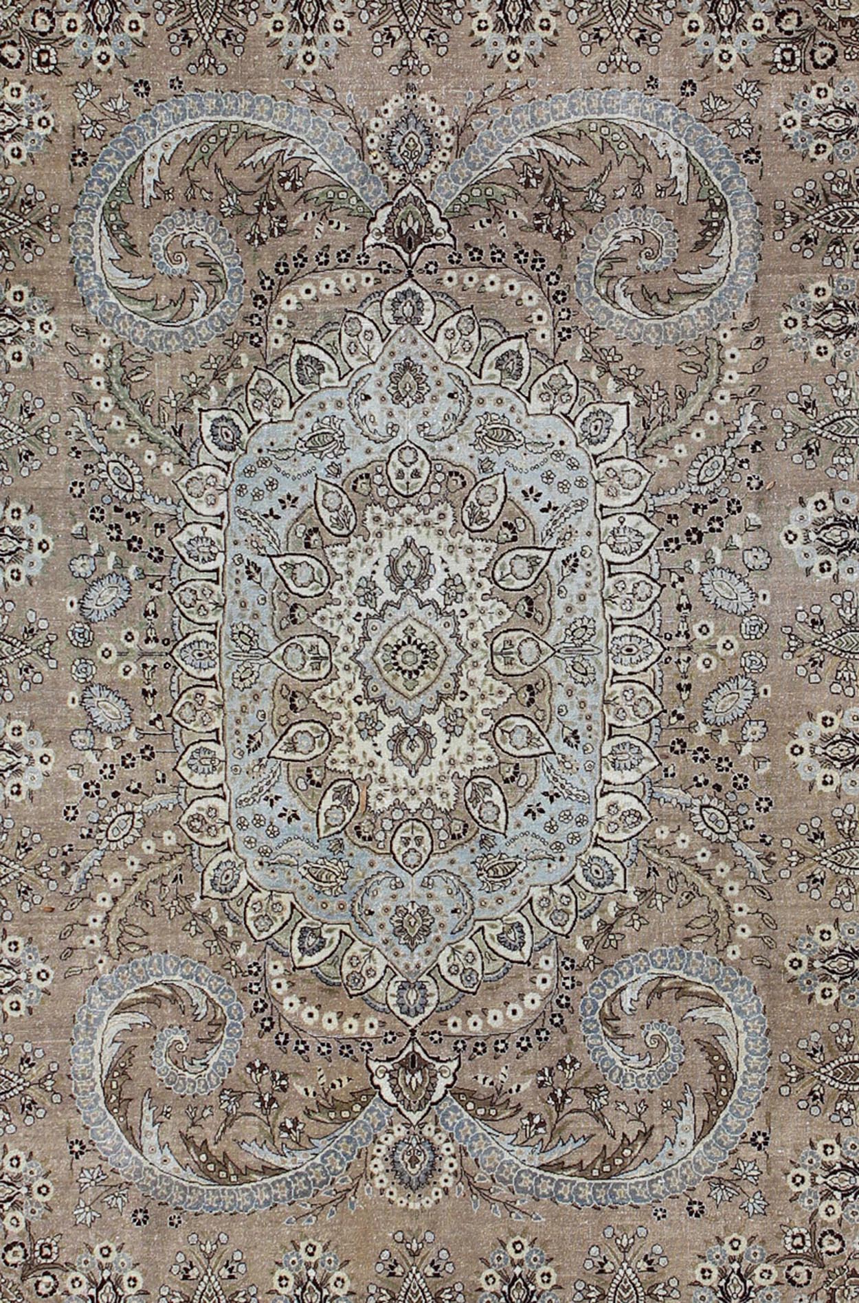 Vintage Persian Bakhtiari rug with stretched medallion in taupe, gray, brown. Keivan Woven Arts / rug / RM - K4570, country of origin / type: Iran / Bakhtiari, circa 1960 Measures: 11' x 14'6. This vintage Persian Bakhtiari rug from mid - 20th centur... - Keivan Woven ArtsRM - K4570 - 2179Rug