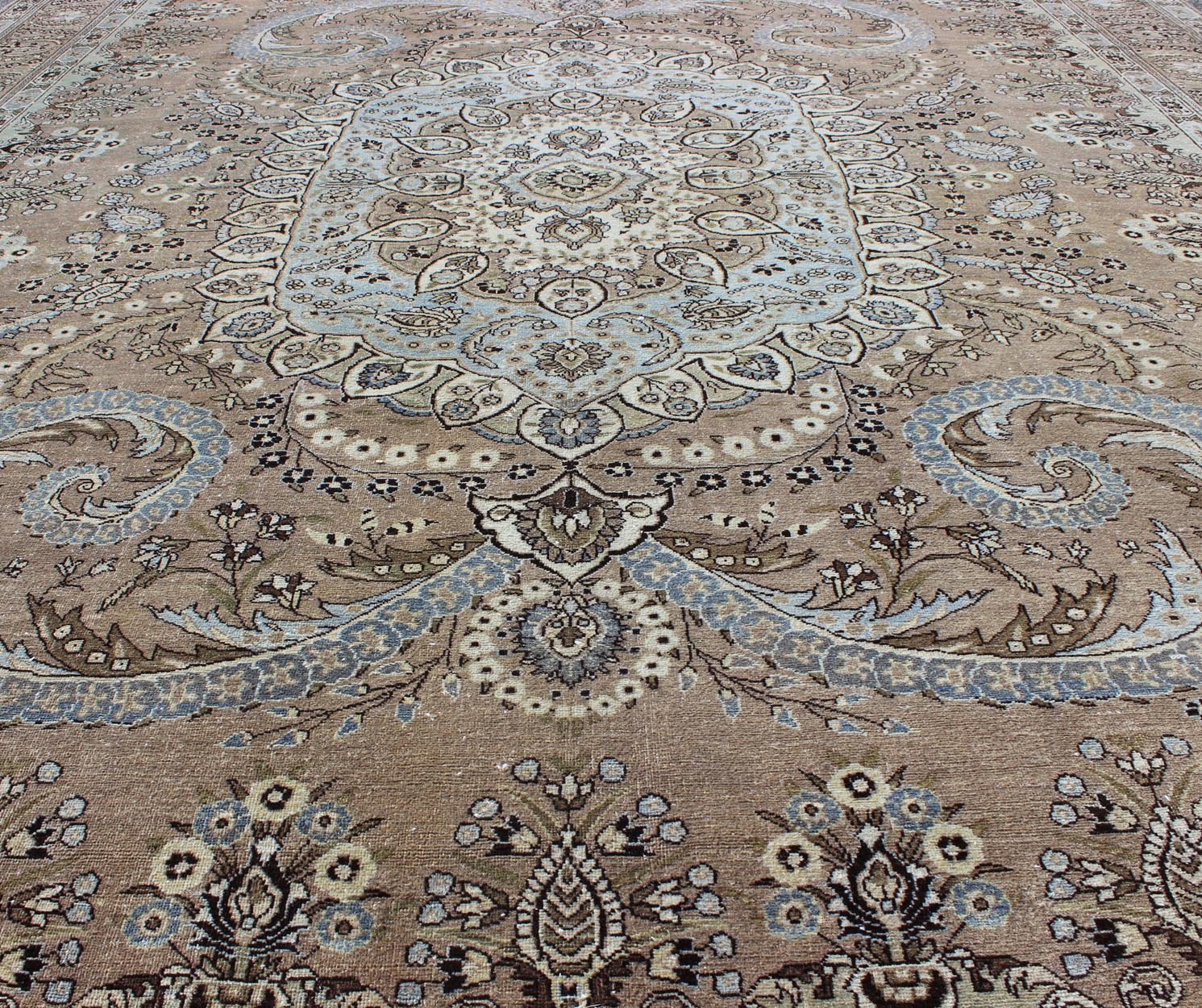 Vintage Persian Bakhtiari rug with stretched medallion in taupe, gray, brown. Keivan Woven Arts / rug / RM - K4570, country of origin / type: Iran / Bakhtiari, circa 1960 Measures: 11' x 14'6. This vintage Persian Bakhtiari rug from mid - 20th centur... - Keivan Woven ArtsRM - K4570 - 2179Rug