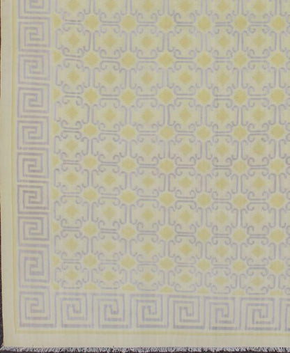Large Vintage Indian Cotton Dhurrie Rug in Buttery Yellow and Light Lavender. Keivan Woven Arts / rug ROD - 4472, country of origin / type: India / Dhurrie, circa 1970 Measures: 11'8 x 17'6. Woven during the mid - 20th Century, this designer flat - wo... - Keivan Woven ArtsROD - 4472 - 7607Rug