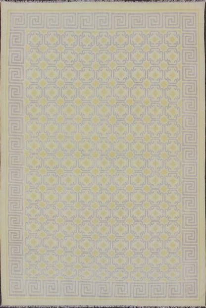 Large Vintage Indian Cotton Dhurrie Rug in Buttery Yellow and Light Lavender. Keivan Woven Arts / rug ROD - 4472, country of origin / type: India / Dhurrie, circa 1970 Measures: 11'8 x 17'6. Woven during the mid - 20th Century, this designer flat - wo... - Keivan Woven ArtsROD - 4472 - 7607Rug
