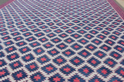 Very Large Vintage Cotton Dhurrie with Geometric Diamond Motifs in Blue, Red & Cream Large Vintage Cotton Dhurrie, Cotton Dhurrie Keivan Woven Arts/rug/ ROD - 4484, Cotton Dhurrie, Indian Vintage cotton Dhurrie Measures: 156 x 19.2. ... - Keivan Woven ArtsROD - 4484 - 7611Rug