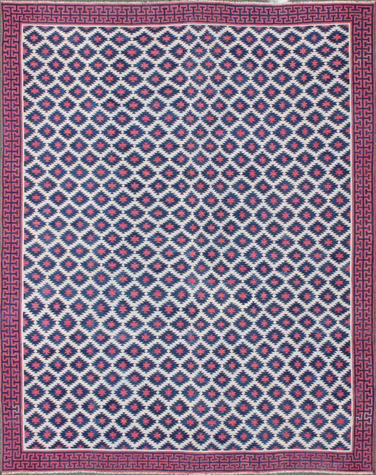 Very Large Vintage Cotton Dhurrie with Geometric Diamond Motifs in Blue, Red & Cream Large Vintage Cotton Dhurrie, Cotton Dhurrie Keivan Woven Arts/rug/ ROD - 4484, Cotton Dhurrie, Indian Vintage cotton Dhurrie Measures: 156 x 19.2. ... - Keivan Woven ArtsROD - 4484 - 7611Rug