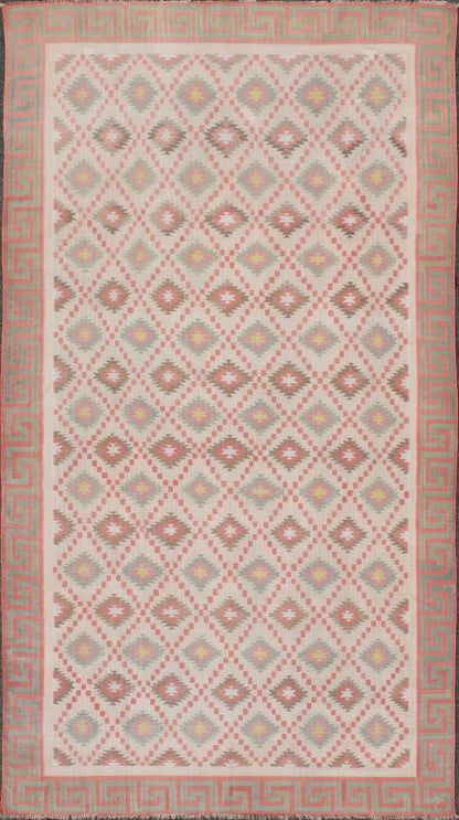 Large Vintage Indian Designer Cotton Dhurrie In Muted Pastel Colors. Keivan Woven Arts / rug ROD - 4485, country of origin / type: India / Dhurrie, circa 1970 Measures: 10'6 x 19'4. Woven during the mid - 20th Century, this designer flat - woven Indi... - Keivan Woven ArtsROD - 4485 - 7615Rug