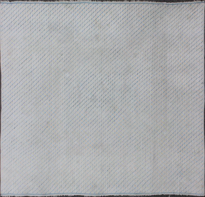 Oversized Large Square Cotton Dhurrie With Small Repeating Design in Shades of Light Blue. Keivan Woven Arts / rug ROD - 5253, country of origin / type: India / Dhurrie, circa 1950 Measures: 14'6 x 15'4. This decorative cotton dhurries was wove... - Keivan Woven ArtsROD - 5253 - 7685Rug