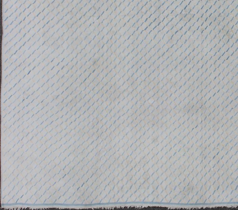 Oversized Large Square Cotton Dhurrie With Small Repeating Design in Shades of Light Blue. Keivan Woven Arts / rug ROD - 5253, country of origin / type: India / Dhurrie, circa 1950 Measures: 14'6 x 15'4. This decorative cotton dhurries was wove... - Keivan Woven ArtsROD - 5253 - 7685Rug