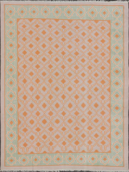 Large Vintage Cotton Dhurrie Designer Rug In Shades of Orange and Mint Green. Keivan Woven Arts / rug ROD - 5254, country of origin / type: India / Dhurrie, circa 1960 Measures: 11'6 x 14'6. Woven during the mid - 20th century, this designer, flat - wo... - Keivan Woven ArtsROD - 5254 - 7621Rug