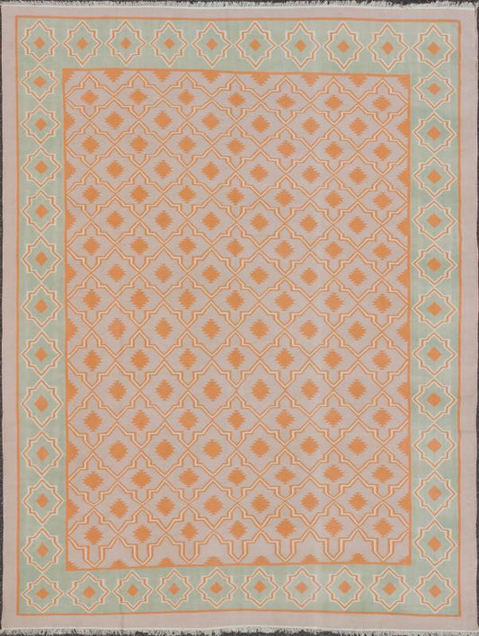 Large Vintage Cotton Dhurrie Designer Rug In Shades of Orange and Mint Green. Keivan Woven Arts / rug ROD - 5254, country of origin / type: India / Dhurrie, circa 1960 Measures: 11'6 x 14'6. Woven during the mid - 20th century, this designer, flat - wo... - Keivan Woven ArtsROD - 5254 - 7621Rug
