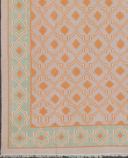 Large Vintage Cotton Dhurrie Designer Rug In Shades of Orange and Mint Green. Keivan Woven Arts / rug ROD - 5254, country of origin / type: India / Dhurrie, circa 1960 Measures: 11'6 x 14'6. Woven during the mid - 20th century, this designer, flat - wo... - Keivan Woven ArtsROD - 5254 - 7621Rug