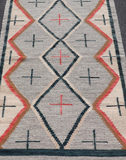 Modern Navajo Rug with Entwined Tribal Design in Gray, Red, Charcoal, And Ivory. Keivan Woven Arts / rug RSC - 67815 - AR - 113, country of origin India, type: North America / Navajo, circa early 21st century Measures: 3'1 x 5'0 This intriguing contem... - Keivan Woven ArtsRSC - 67815 - AR - 113 - 25236Rug