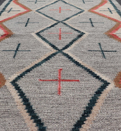 Modern Navajo Rug with Entwined Tribal Design in Gray, Red, Charcoal, And Ivory. Keivan Woven Arts / rug RSC - 67815 - AR - 113, country of origin India, type: North America / Navajo, circa early 21st century Measures: 3'1 x 5'0 This intriguing contem... - Keivan Woven ArtsRSC - 67815 - AR - 113 - 25236Rug