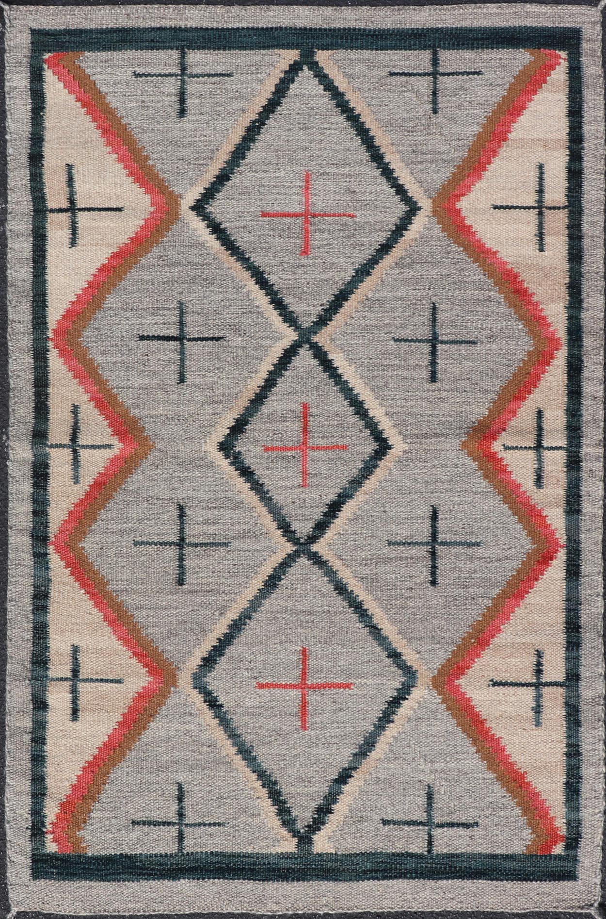 Modern Navajo Rug with Entwined Tribal Design in Gray, Red, Charcoal, And Ivory. Keivan Woven Arts / rug RSC - 67815 - AR - 113, country of origin India, type: North America / Navajo, circa early 21st century Measures: 3'1 x 5'0 This intriguing contem... - Keivan Woven ArtsRSC - 67815 - AR - 113 - 25236Rug