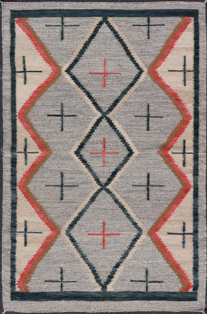 Modern Navajo Rug with Entwined Tribal Design in Gray, Red, Charcoal, And Ivory. Keivan Woven Arts / rug RSC - 67815 - AR - 113, country of origin India, type: North America / Navajo, circa early 21st century Measures: 3'1 x 5'0 This intriguing contem... - Keivan Woven ArtsRSC - 67815 - AR - 113 - 25236Rug