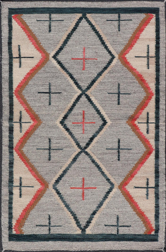 Modern Navajo Rug with Entwined Tribal Design in Gray, Red, Charcoal, And Ivory. Keivan Woven Arts / rug RSC - 67815 - AR - 113, country of origin India, type: North America / Navajo, circa early 21st century Measures: 3'1 x 5'0 This intriguing contem... - Keivan Woven ArtsRSC - 67815 - AR - 113 - 25236Rug