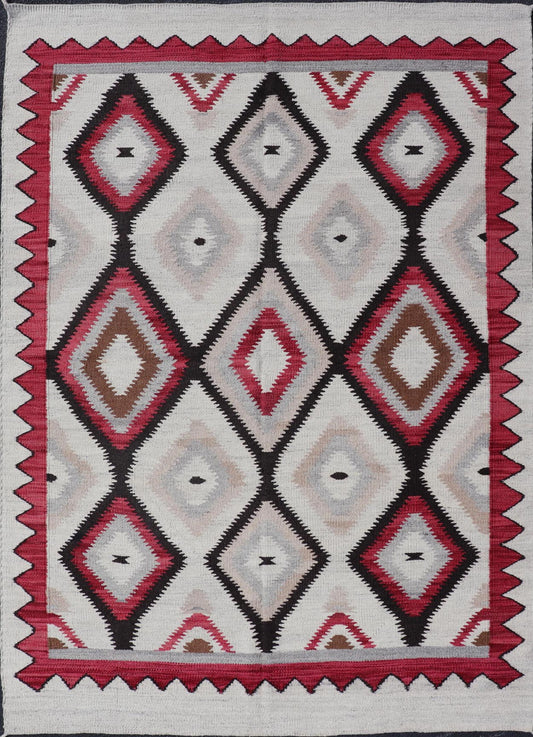 American Navajo Design Rug with Latticework Tribal Design in Red, Black and Gray. Keivan Woven Arts / rug RSC - 85543 - AR - 166, country of origin / type: North America / Navajo, circa early 21st century. Measures: 5'2 x 7'9 This intriguing contempo... - Keivan Woven ArtsRSC - 85543 - AR - 166 - 25272Rugs