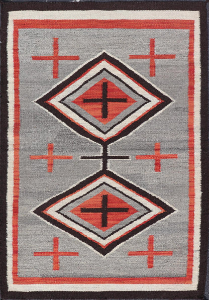 Navajo Modern Rug with Geometric Tribal Design in Gray, Red, Charcoal And Ivory. Keivan Woven Arts / rug RSC - 86503 - AR - 163, country of origin India, type: North America / Navajo, circa early 21st century. Measures: 3'1 x 4'11 This intriguing con... - Keivan Woven ArtsRSC - 86503 - AR - 163 - 25278Rug