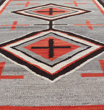Navajo Modern Rug with Geometric Tribal Design in Gray, Red, Charcoal And Ivory. Keivan Woven Arts / rug RSC - 86503 - AR - 163, country of origin India, type: North America / Navajo, circa early 21st century. Measures: 3'1 x 4'11 This intriguing con... - Keivan Woven ArtsRSC - 86503 - AR - 163 - 25278Rug