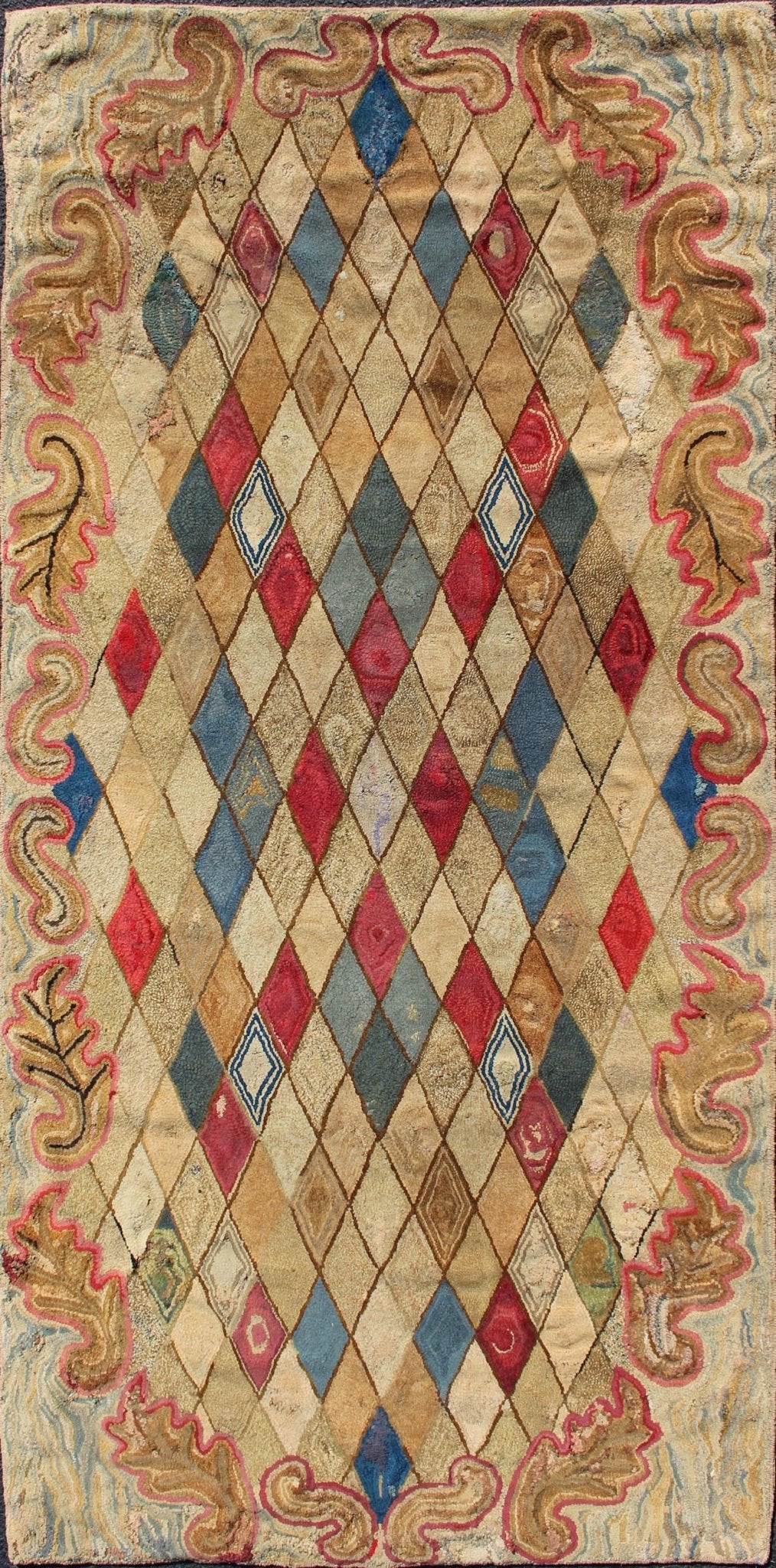 Colorful 19th Century Antique American Hooked Rug with Diamond Design. Measures: 4'1 x 8'8. American hooked rugs are indigenous to the Northeast of the United States and Eastern Canada. Their production began in the mid - 1800s, gradually spreading... - Keivan Woven ArtsS12 - 0204 - 3190Rug