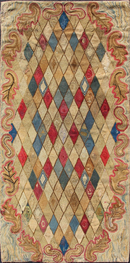 Colorful 19th Century Antique American Hooked Rug with Diamond Design. Measures: 4'1 x 8'8. American hooked rugs are indigenous to the Northeast of the United States and Eastern Canada. Their production began in the mid - 1800s, gradually spreading... - Keivan Woven ArtsS12 - 0204 - 3190Rug