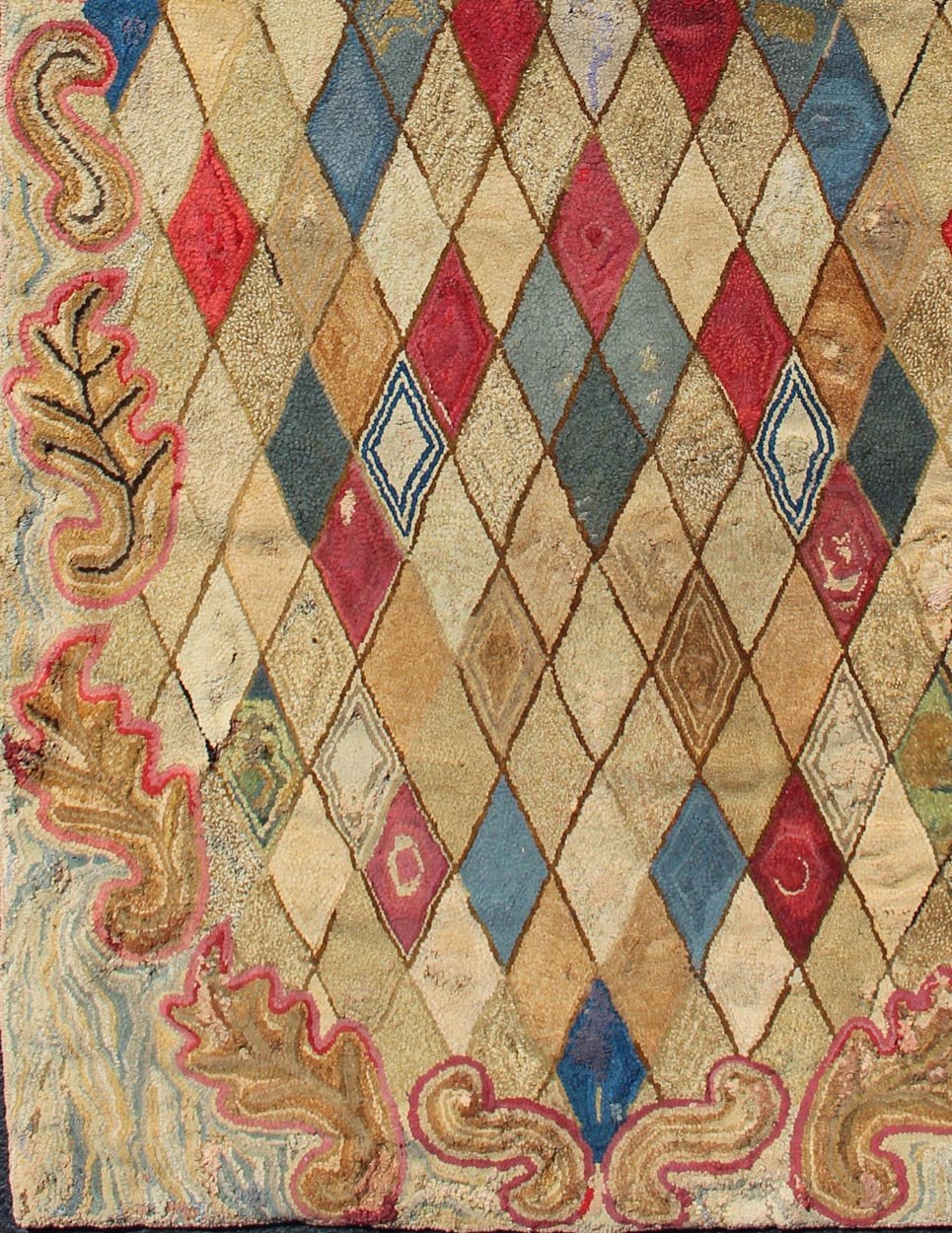 Colorful 19th Century Antique American Hooked Rug with Diamond Design. Measures: 4'1 x 8'8. American hooked rugs are indigenous to the Northeast of the United States and Eastern Canada. Their production began in the mid - 1800s, gradually spreading... - Keivan Woven ArtsS12 - 0204 - 3190Rug
