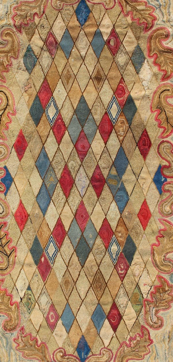 Colorful 19th Century Antique American Hooked Rug with Diamond Design. Measures: 4'1 x 8'8. American hooked rugs are indigenous to the Northeast of the United States and Eastern Canada. Their production began in the mid - 1800s, gradually spreading... - Keivan Woven ArtsS12 - 0204 - 3190Rug
