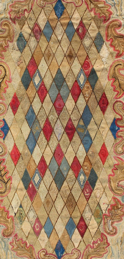 Colorful 19th Century Antique American Hooked Rug with Diamond Design. Measures: 4'1 x 8'8. American hooked rugs are indigenous to the Northeast of the United States and Eastern Canada. Their production began in the mid - 1800s, gradually spreading... - Keivan Woven ArtsS12 - 0204 - 3190Rug