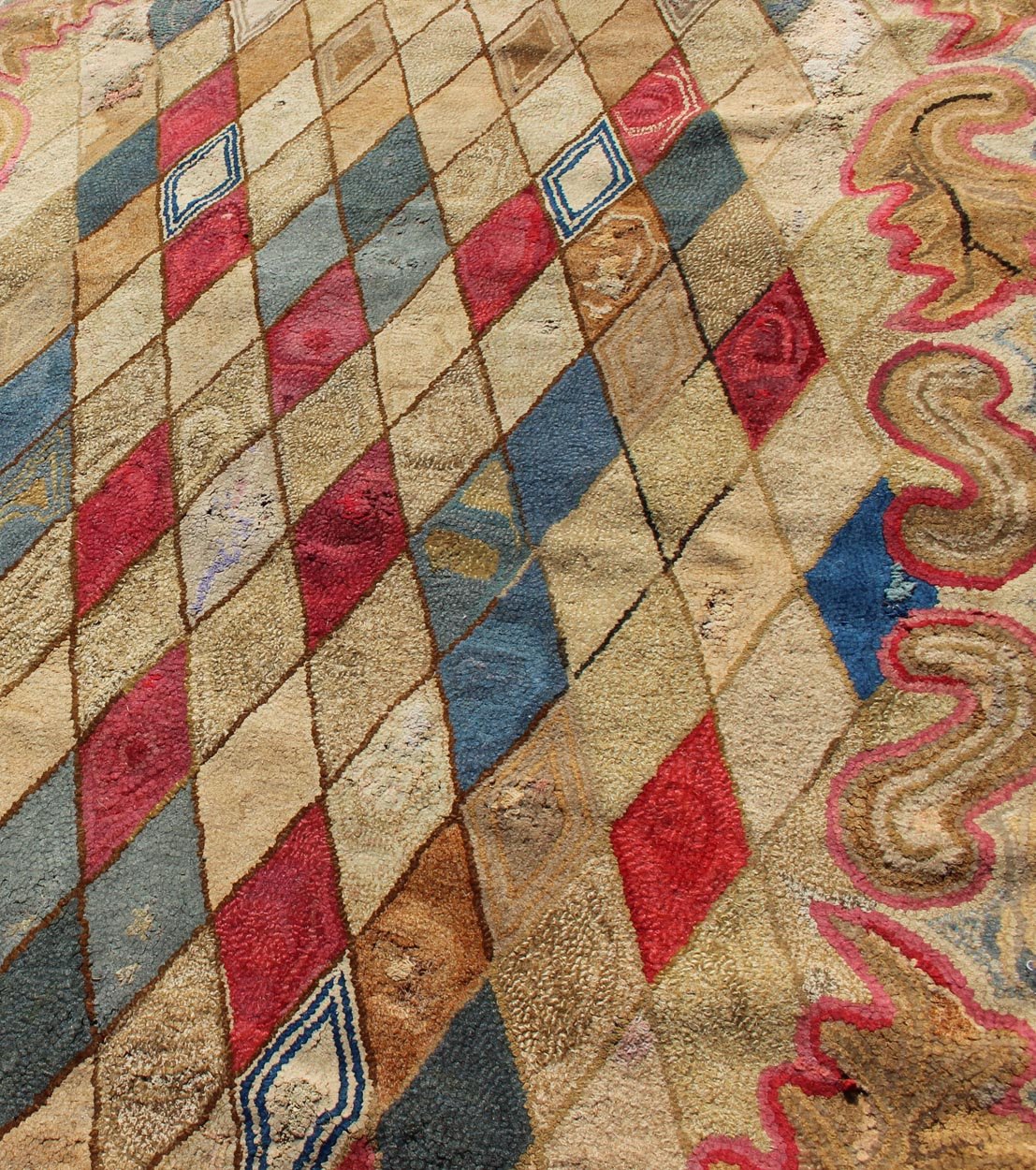 Colorful 19th Century Antique American Hooked Rug with Diamond Design. Measures: 4'1 x 8'8. American hooked rugs are indigenous to the Northeast of the United States and Eastern Canada. Their production began in the mid - 1800s, gradually spreading... - Keivan Woven ArtsS12 - 0204 - 3190Rug