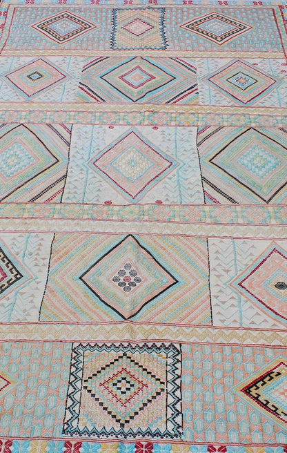 Silk Embroidery North African Flat Weave Vintage Rug with Diamond Pattern. Made with silk embroideries, Colorful vintage embroidery north African embroidered flat weave with diamond pattern and horizontal details, Keivan Woven Arts / rug S12 - 030... - Keivan Woven ArtsS12 - 0303 - 3207Rug