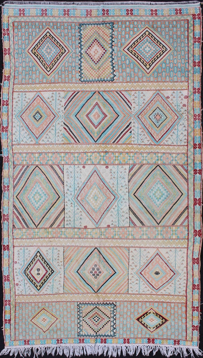 Silk Embroidery North African Flat Weave Vintage Rug with Diamond Pattern. Made with silk embroideries, Colorful vintage embroidery north African embroidered flat weave with diamond pattern and horizontal details, Keivan Woven Arts / rug S12 - 030... - Keivan Woven ArtsS12 - 0303 - 3207Rug