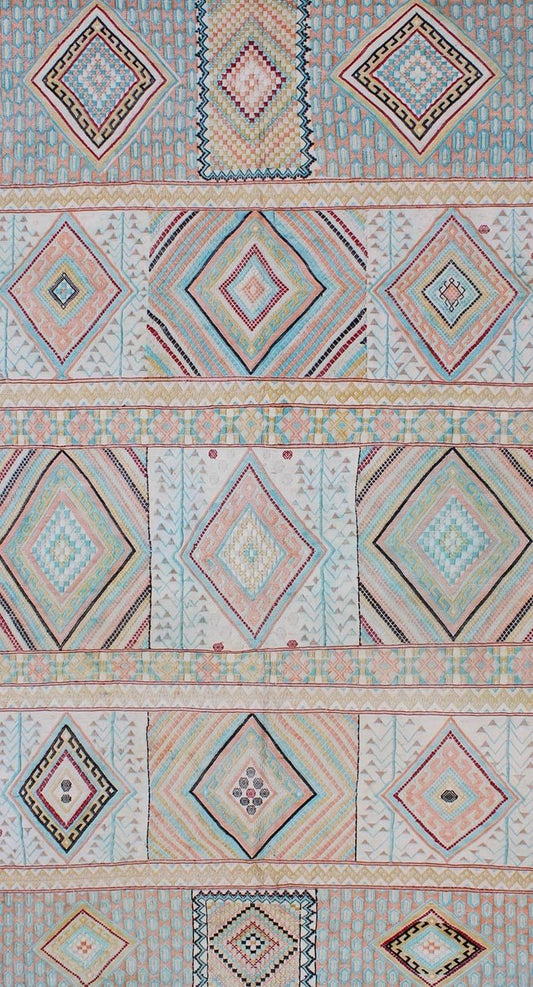 Silk Embroidery North African Flat Weave Vintage Rug with Diamond Pattern. Made with silk embroideries, Colorful vintage embroidery north African embroidered flat weave with diamond pattern and horizontal details, Keivan Woven Arts / rug S12 - 030... - Keivan Woven ArtsS12 - 0303 - 3207Rug