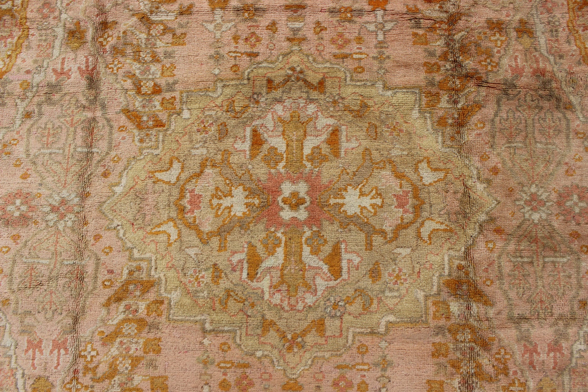 Antique Oushak with Intricate Floral Design in Pink, L. Green, Orange Keivan Woven Arts / rug /S12 - 0304, country of origin / type: Turkey / Oushak, circa Early - 20th century. Antique Floral Pattern Oushak Rug in Pink, Orange and Light Green ... - Keivan Woven ArtsS12 - 0304 - 3211Rug