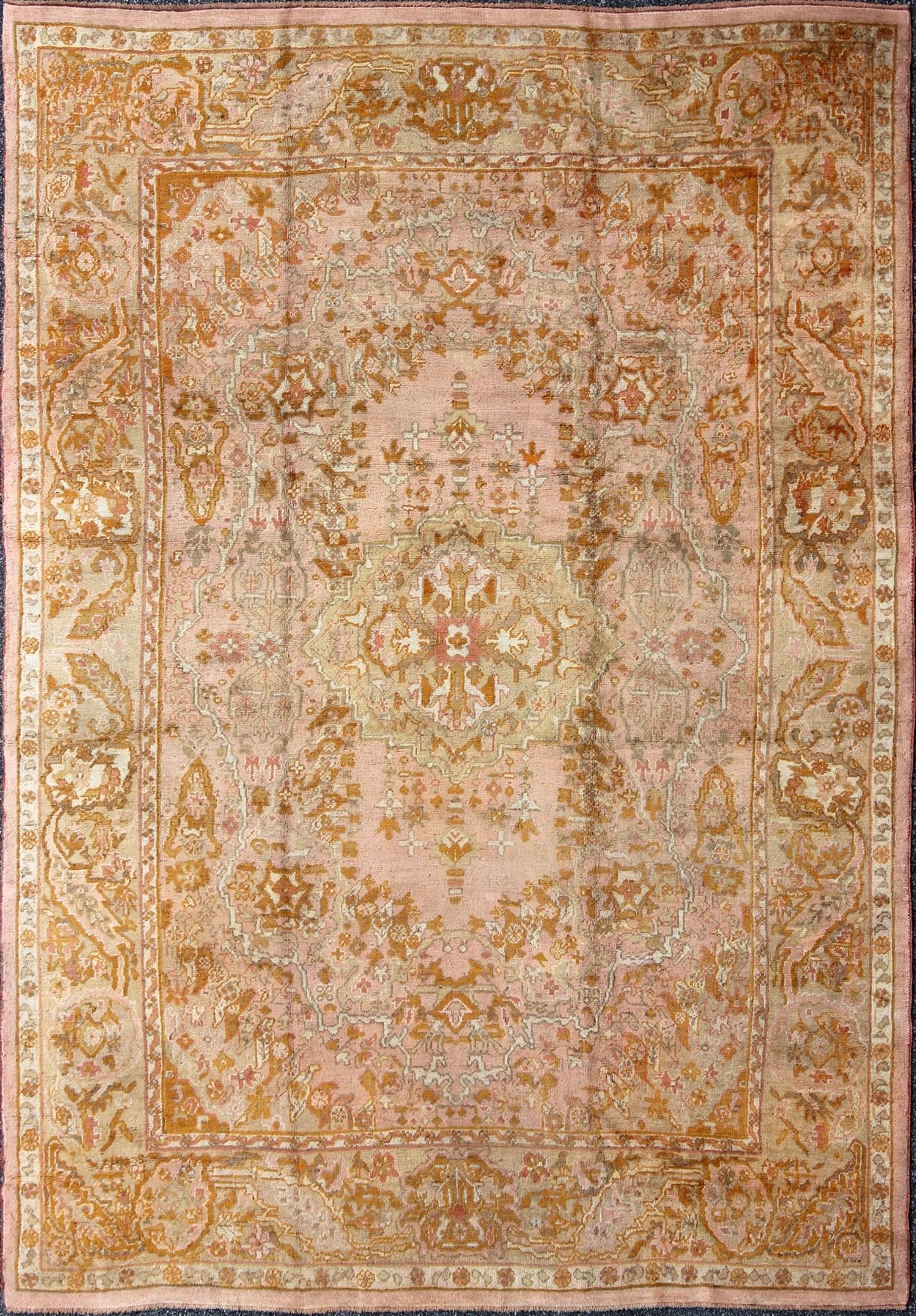 Antique Oushak with Intricate Floral Design in Pink, L. Green, Orange Keivan Woven Arts / rug /S12 - 0304, country of origin / type: Turkey / Oushak, circa Early - 20th century. Antique Floral Pattern Oushak Rug in Pink, Orange and Light Green ... - Keivan Woven ArtsS12 - 0304 - 3211Rug