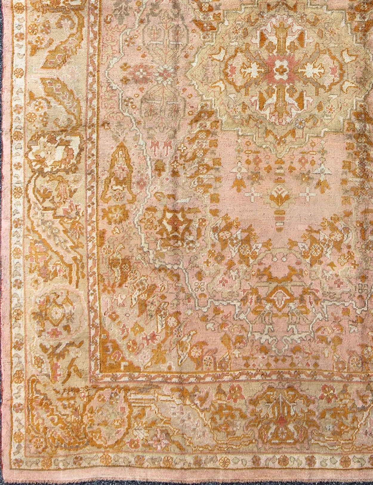 Antique Oushak with Intricate Floral Design in Pink, L. Green, Orange Keivan Woven Arts / rug /S12 - 0304, country of origin / type: Turkey / Oushak, circa Early - 20th century. Antique Floral Pattern Oushak Rug in Pink, Orange and Light Green ... - Keivan Woven ArtsS12 - 0304 - 3211Rug