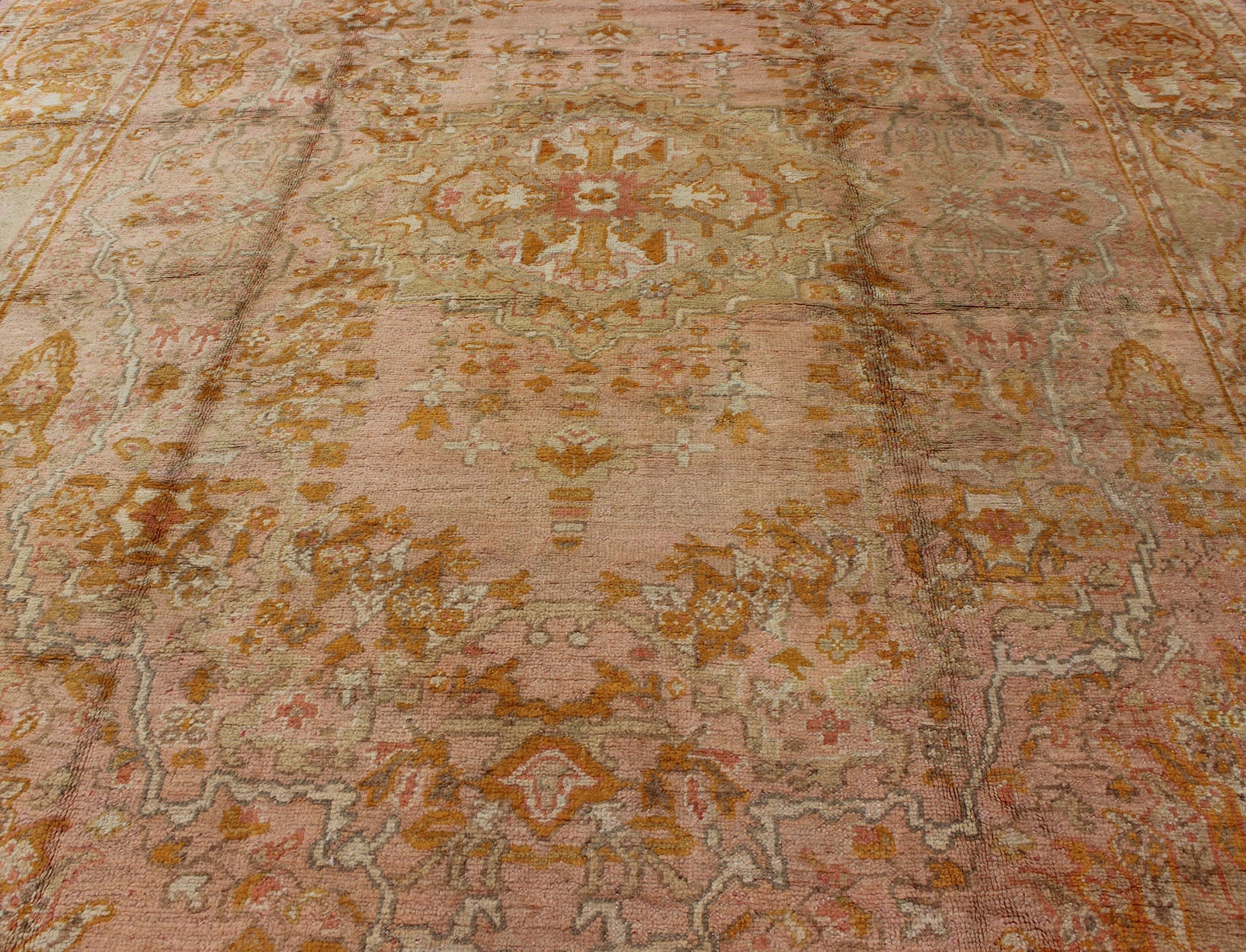 Antique Oushak with Intricate Floral Design in Pink, L. Green, Orange Keivan Woven Arts / rug /S12 - 0304, country of origin / type: Turkey / Oushak, circa Early - 20th century. Antique Floral Pattern Oushak Rug in Pink, Orange and Light Green ... - Keivan Woven ArtsS12 - 0304 - 3211Rug