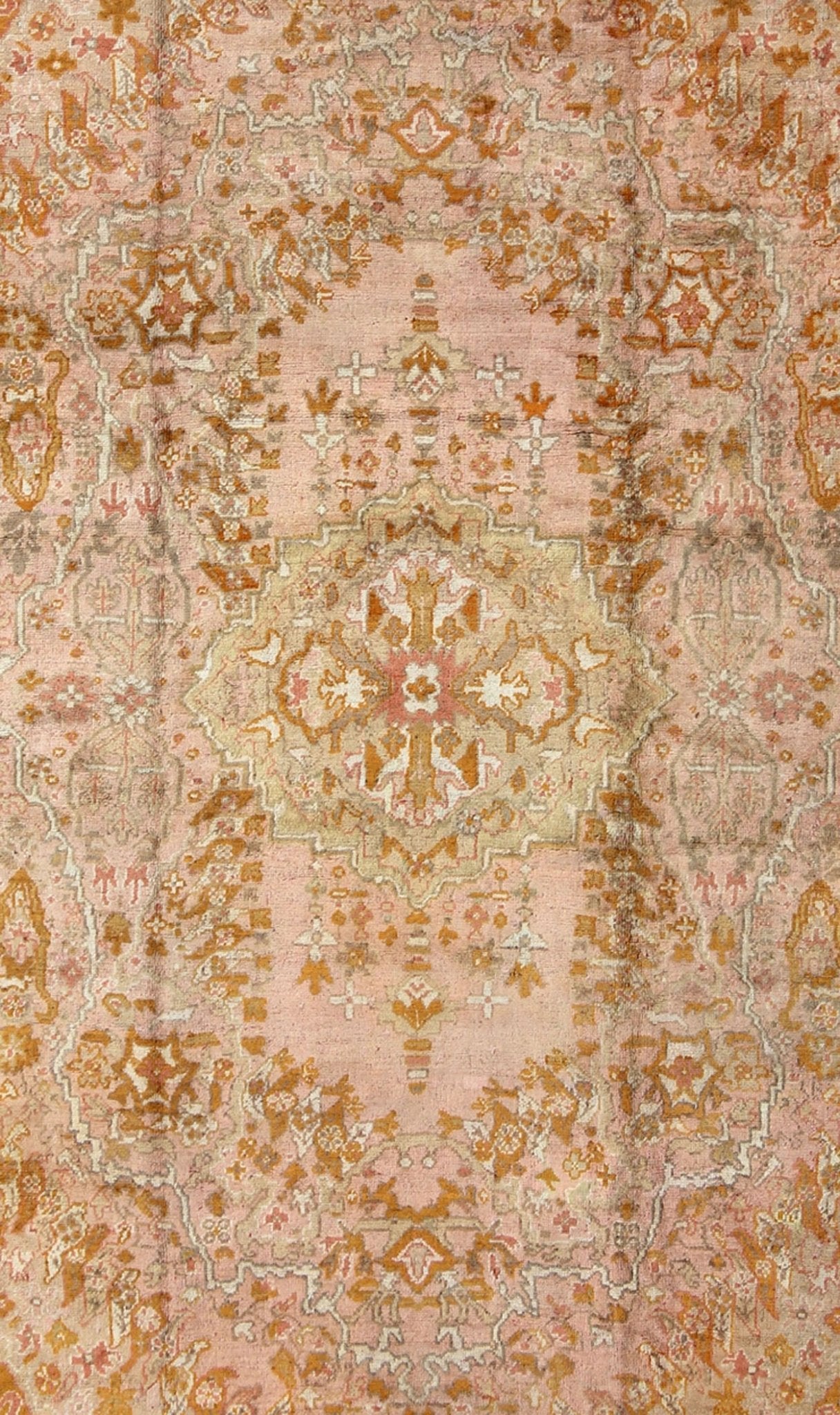 Antique Oushak with Intricate Floral Design in Pink, L. Green, Orange Keivan Woven Arts / rug /S12 - 0304, country of origin / type: Turkey / Oushak, circa Early - 20th century. Antique Floral Pattern Oushak Rug in Pink, Orange and Light Green ... - Keivan Woven ArtsS12 - 0304 - 3211Rug
