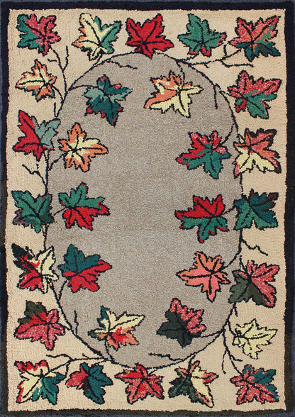 Leaf Design American Hooked Rug in Red, Green, and Charcoal Outlines Vintage American hooked rug with leaf design, Keivan Woven Arts / rug S12 - 0305, country of origin / type: United States / Hooked, circa 1930 Ingenious in style, color a... - Keivan Woven ArtsS12 - 0305 - 3194Rug