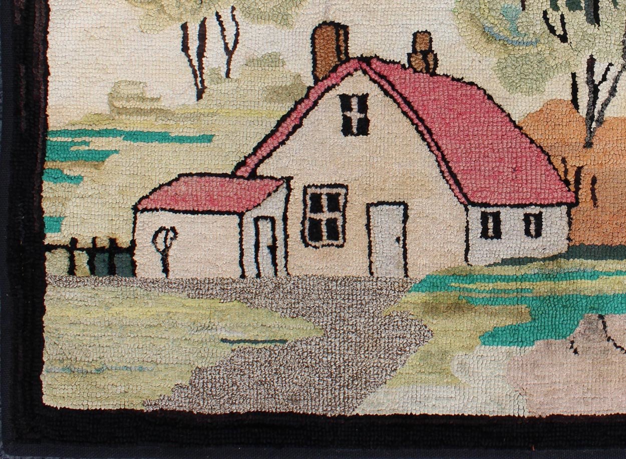 Pictorial Antique American Hooked Rug with Old Farm House Setting Antique American hooked rug with large ship design at the sea, rug S12 - 0407, country of origin / type: United States / Hooked, circa 1930 This colorful American hooked rug... - Keivan Woven ArtsS12 - 0407 - 3231Rug