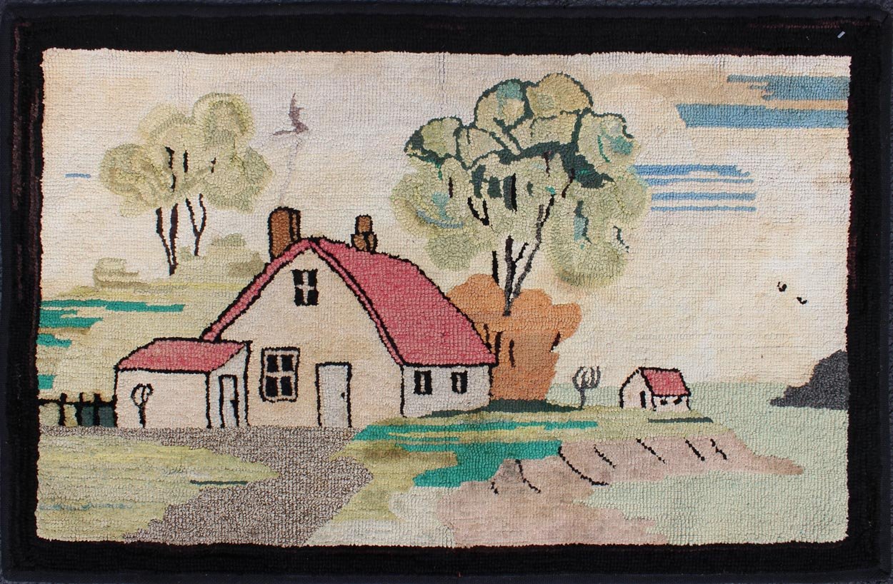 Pictorial Antique American Hooked Rug with Old Farm House Setting Antique American hooked rug with large ship design at the sea, rug S12 - 0407, country of origin / type: United States / Hooked, circa 1930 This colorful American hooked rug... - Keivan Woven ArtsS12 - 0407 - 3231Rug