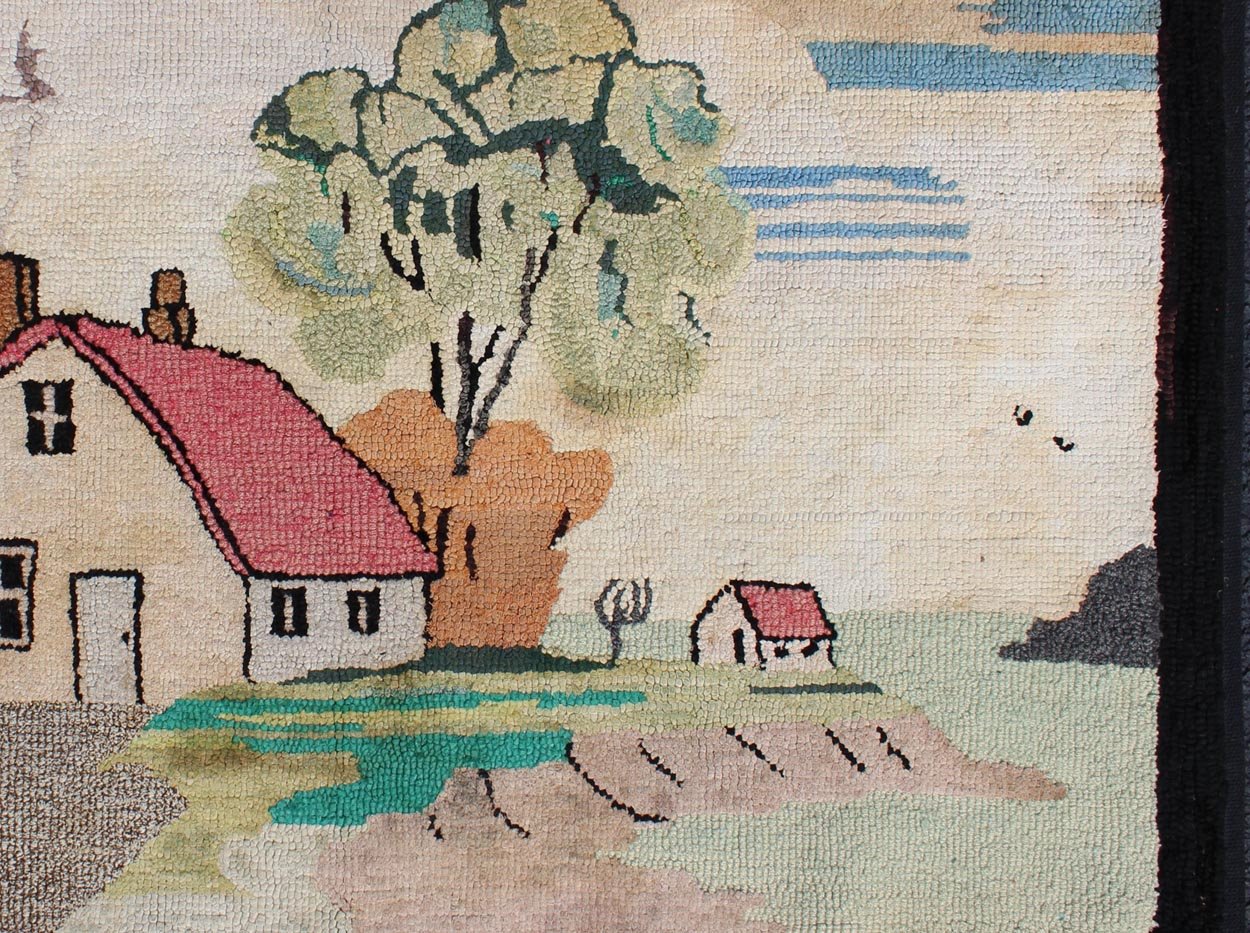 Pictorial Antique American Hooked Rug with Old Farm House Setting Antique American hooked rug with large ship design at the sea, rug S12 - 0407, country of origin / type: United States / Hooked, circa 1930 This colorful American hooked rug... - Keivan Woven ArtsS12 - 0407 - 3231Rug
