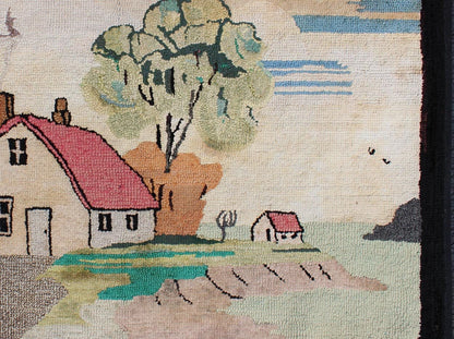 Pictorial Antique American Hooked Rug with Old Farm House Setting Antique American hooked rug with large ship design at the sea, rug S12 - 0407, country of origin / type: United States / Hooked, circa 1930 This colorful American hooked rug... - Keivan Woven ArtsS12 - 0407 - 3231Rug