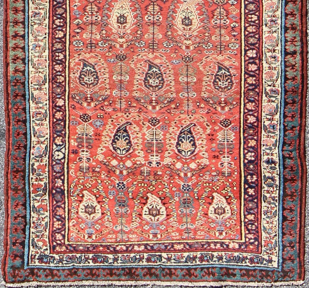 Antique Persian Serab Runner This all - over Persian Serab has a terra cotta background and an ivory border. The elegant design in the field consists of a free - flowing Paisley pattern. The blue, greens and yellows add a hint of color to this stunn... - Keivan Woven ArtsS12 - 0503 - 4090Rug